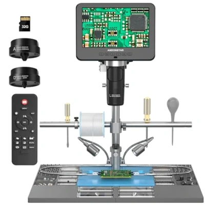 Abbildung von Andonstar AD246S M Plus 7&#039;&#039; HDMI Lötdigitalmikroskop für Elektronikreparaturen, 2000x 3 Linsen 2160P UHD Videoaufnahme, Lötmikroskopstation mit Hilfshänden, Münzmikroskop, 32GB Karte