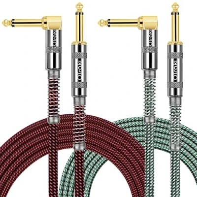 Abbildung von OTraki Gitarrenkabel 2m, Instrumentenkabel 6.3mm Lärmschutz mit Abgewinkelte Stecker und 1 Standard Klinke für die E Gitarre, Bassgitarre, Keyboard (2 Stücke)