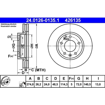 Abbildung von ATE 24.0126 0135.1 Bremsscheibe 274,0 26,2 5 114,3 Belüftet beschichtet KIA: Carnival 2, I