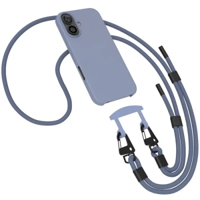 Abbildung von EAZY CASE Hülle mit Band kompatibel iPhone 16 Handyhülle für Schutzhülle Silikonhülle Mikrofaser stoßfester Fallschutz Handykette zum Umhängen 2in1 Handykordel Stahl Blau