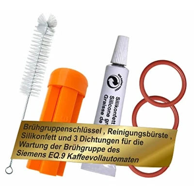 Abbildung von Jotaca Dichtungsring Pflegeset EQ9 (passend für Siemens EQ.9 Kaffeevollautomat, 1 St., Brühgruppe Brüheinheit), Brühgruppenschlüssel,O Ring (Dichtung),Silikonfett,Reinigungsbürste