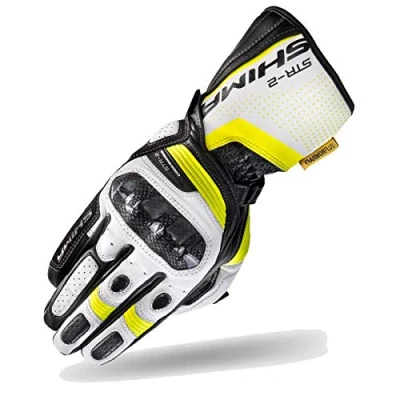 Abbildung von SHIMA STR 2 Motorradhandschuhe Herren Touchscreen, Sommer, Sport Leder Handschuhe mit Carbon Knöchelprotektor, Handflächen und Fingerschieber, Verstärkte Handfläche (Fluo, S)