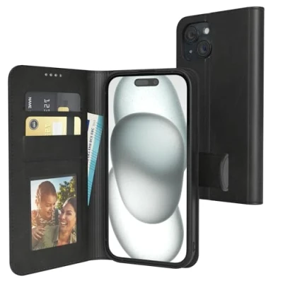 Abbildung von EAZY Case Klapphülle für iPhone 15 Hülle klappbar mit Kameraschutz Schutzhülle Magnet Flip Ständer Kunstleder Klapptasche Kartenfach Sichtfenster Foto Premium Handyhülle Schwarz