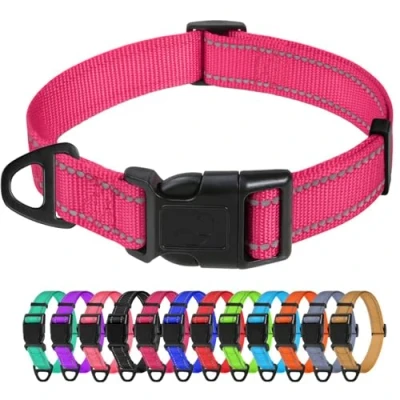 Abbildung von TagME Nylon Hundehalsband, Verstellbares Reflektierendes Hundehalsband mit Sicherheitsschnalle für Kleiner Hund, Hot Pink, 2.0cm Breite
