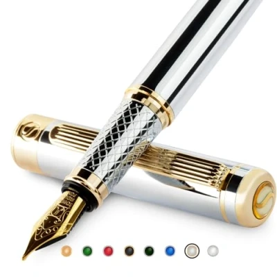 Abbildung von Scriveiner Füllfederhalter, Chrom, silberfarben toller Kugelschreiber mit 24 karätigem Gold Finish, Feder 18 Karat (mittel), ideales Set für Damen und Herren, Profi, Direktor, Büro, schöner