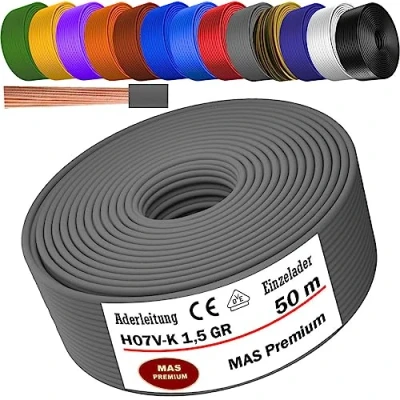 Abbildung von MAS Premium Von 5 bis 100m Aderleitung H07 V K 1x1,5 mm² SW, HBL, GNGE, GN, RT, DBL, BR, OR, GR, WS, VIO, U MAR.BL oder GE Einzelader flexibel (Grau, 50m)