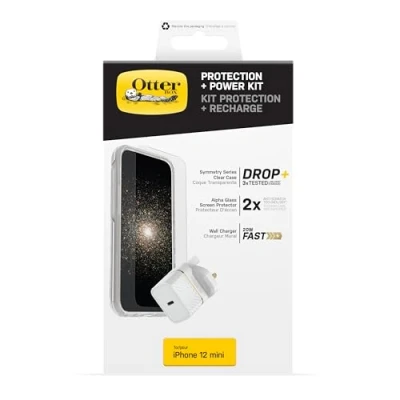 Abbildung von OtterBox Sturzschutz Bundle für Apple iPhone 12 Mini, Symmetry Clear Schützende Dünne Hülle, Alpha Glass Displayschutz und UK USB C 20W PD Schnellladegerät, Weiß