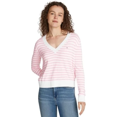 Abbildung von Tommy Jeans Damen Pullover V Ausschnitt, Mehrfarbig (Ballet Pink / Stripe), M