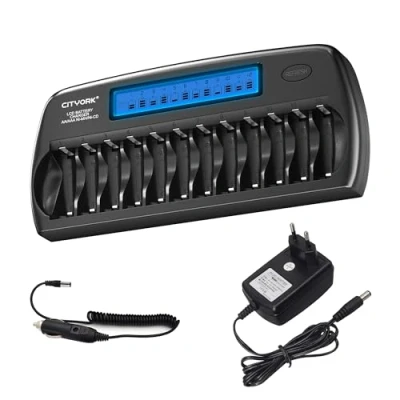Abbildung von CITYORK AA AAA Akku ladegerät 12 Slots, LCD Batterie für AA/AAA NI MH CD Wiederaufladbar Batterien mit Entladung sowie integriertem IC Schutz und Netzteil