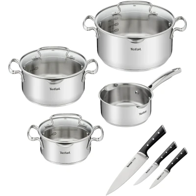 Abbildung von Tefal Topf Set &quot;G719S7 K2323S74 Duetto+ Ice Force&quot;, Edelstahl, (Set, 10 tlg., Kasserolle 16 cm, Töpfe mit Deckel 16/20/24 cm), rostfreier m. Abgießfunktion, inkl. 3tlg. Messer