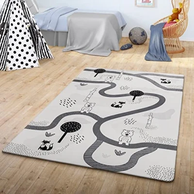 Abbildung von TT Home Teppich Kinder Kinderzimmerteppich Kinderteppich Babymatte Straße Bär Fuchs Baum, Farbe: Grau Weiß, Größe:120x160 cm