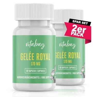Abbildung von Vitabay Gelée Royal 170mg 120 Kapseln von Imkern als Weiselfuttersaft oder Königinnenfuttersaft bezeichnet Hochdosiert Bioverfügbar Pharmaqualität