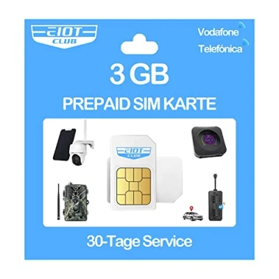 Abbildung von EIOTCLUB Prepaid SIM Karte ohne Vertrag, Kompatibel mit Vodafone &amp; Telefónica Netz, 3GB for 30 Tage, nur Daten, für LTE Überwachungskamera Wildkamera GPS Tracker