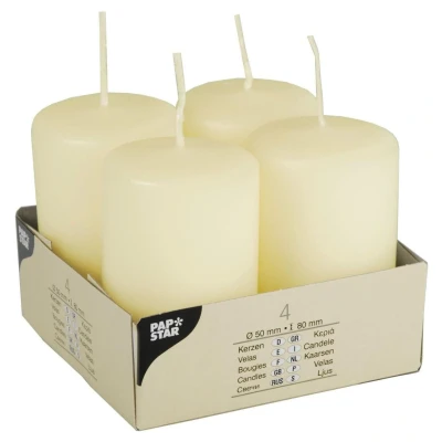 Abbildung von 4 Stumpenkerzen Ø 50 mm · 80 elfenbein &quot;Ivory&quot; mit Flachkopf