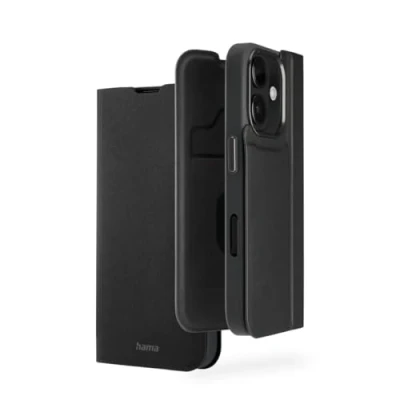 Abbildung von Hama Handyhülle für iPhone 16 (Handytasche, Etui mit Kartenfach, Kunstleder, Metallelemente, Standfunktion, extra Schutz von Display und Kamera, Magnet, Klapphülle, recycelt) schwarz