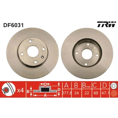 Abbildung von TRW DF6031 Bremsscheibe 278 24 4 114,3 Belüftet lackiert hochgekohlt CHEVROLET: Epica Limousine