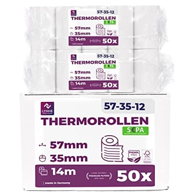 Abbildung von Ec Cash Thermorollen 57mm x 14m 12mm Kassenrollen Thermopapier Bonrollen für Bankomat und Kredit Kartenlesegeräte mit SEPA Lastschrifttext (EC 57x35x12 14 Meter LST 50 Rollen)