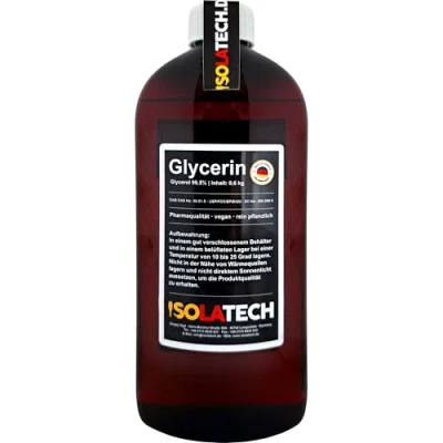 Abbildung von ISOLATECH Glycerin 99,5% 500ml Pharmaqualität made in Germany, gemessen 99,98% rein Pflanzlich, Glyzerin Glycerol flüssig transparent Flasche (Inhalt 600g)
