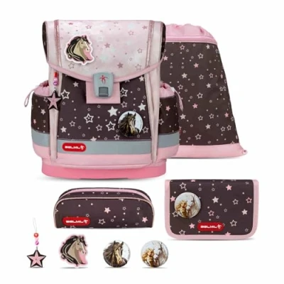 Abbildung von Belmil Classy Plus Schulranzen Set 5 teilig Champion Horses mit Brustgurt, Magnetverschluss, Patch 3 Stück Schulrucksack