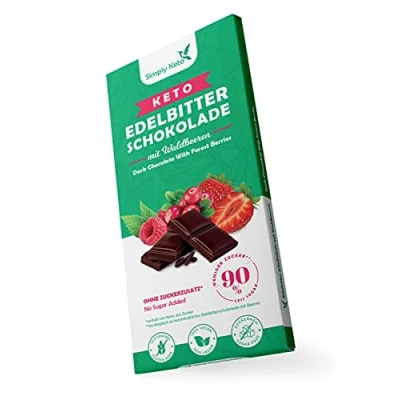 Abbildung von Simply Keto Lower Carb* Schokolade mit Waldbeeren &amp; 60% Kakao Edelbitter ohne Zuckerzusatz Gesüßt Erythrit statt Zucker Nur 4g Netto Kohlenhydrate pro 100g Glutenfrei Vegan