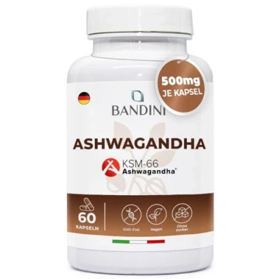 Abbildung von Bandini® Ashwagandha Patentierter Wurzelextrakt KSM 66® Hochdosiert mit 500 mg PRO KAPSEL Original Indische Schlafbeere vegan 60 Kapseln 1 Kapsel/Tag für 2 Monate Versorgung