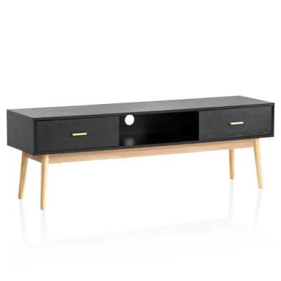 Abbildung von FineBuy Lowboard Schwarz mit Eiche Dekor 150x50x40 cm TV Kommode Modern, Design Schrank Hoch, Fernsehtisch Fernsehschrank Schubladen &amp; Ablagefach, Fernsehkommode Wohnzimmer