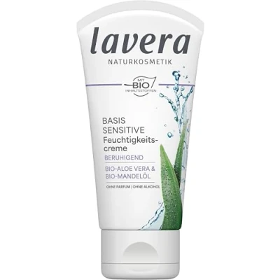 Abbildung von lavera basis sensitiv Beruhigende Feuchtigkeitscreme, Naturkosmetik, vegan, Bio Aloe Vera &amp; Mandelöl, feuchtigkeitsspendend, Tagespflege, parfümfrei, PETA zertifiziert, 1 x 50 ml