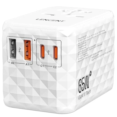Abbildung von LENCENT 65W Universal Reiseadapter, Steckdosenadapter mit 2 USB A &amp; C Steckern, schnelles Aufladen für iPhone, Handy, Laptops, internationaler Reisestecker UK,EU,AU,US Steckdosen, Weiß
