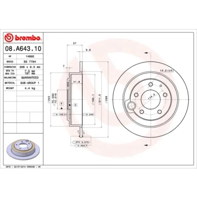 Abbildung von BREMBO 08.A643.10 Bremsscheibe 286 9,5 5 voll MAZDA: Xedos 9