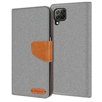 Abbildung von Verco kompatibel mit Huawei P40 Lite Hülle, Schutzhülle für Tasche Denim Textil Book Case Flip Klapphülle, Grau