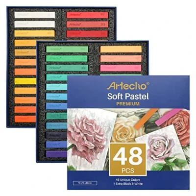 Abbildung von Artecho Pastellkreide 48er Premium Set, 46 Farben Darunter 4 Fluoreszierende Farben, Extra Schwarz &amp; Weiß, Ideal für Künstler, Hobbymaler, Schule, Kunstunterricht.