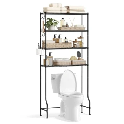Abbildung von SONGMICS 4 stöckiges Toilettenregal, Badezimmerregal, Waschmaschinenregal, verstellbare Ablagen, mit Haken, Toilettenpapierhalter, platzsparend, 30 x 83 176 cm, schwarz BTS023B01
