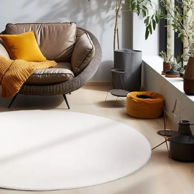 Abbildung von HomebyHome Kurzflor Teppich Wohnzimmer 160 cm Rund Creme Waschbarer für Schlafzimmer, Esszimmer und Ideal als Küchenteppich Flauschiger Extra Weich, Einfarbig, rutschfest, Modern