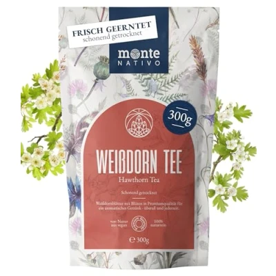 Abbildung von Weißdorn Tee Monte Nativo (300 g) Weissdorn schonend getrocknet Weißdornblätter zur jeder Zeit 100% rein und natürlich Weissdorntee als Kräutertee, Eistee oder Geschenk Früchtetee