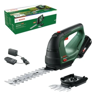 Abbildung von Bosch Akku Grasschere AdvancedShear 18V 10 (1 2,0 Ah, 18 Volt System, schneidet bis zu 85 m² pro Akkuladung, mit Strauch und Grasscherenmesser, im Karton)