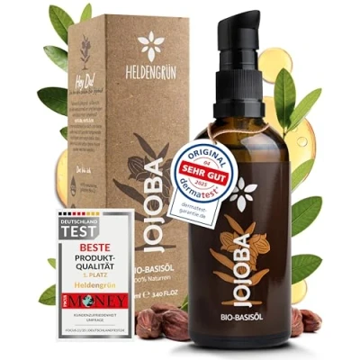 Abbildung von Heldengrün® BIO Jojobaöl [GOLD ESSENCE] Zertifizierte Naturkosmetik für Gesicht, Haare &amp; Nägel 100% reines Gesichtsöl Jojoba Oil