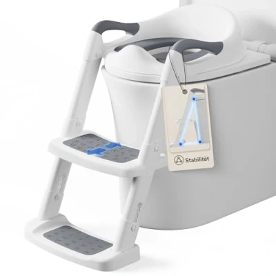 Abbildung von DEANIC Toilettensitz Kinder mit Treppe, Töpfchen Leiter &amp;PU Gepolstert, Toilettenaufsatz für ab 1 7 jahre, Klositz 38 47cm (Grau)
