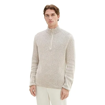 Abbildung von TOM Tailor Pullover &amp; Strickjacken Strickpullover MIT Troyer Kragen Strickpullover, Herren, Größe: 3XL, Beige navy mouline