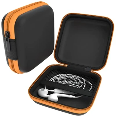 Abbildung von EAZY CASE Universal Tasche für In Ear Kopfhörer mit Netzfach Hardcase Aufbewahrungsbox, Schutztasche umlaufenden Reißverschluss, extra klein, eckig, Orange