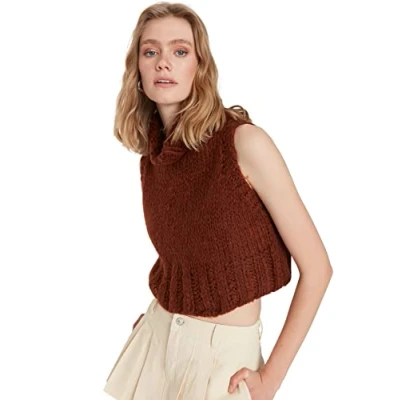 Abbildung von TRENDYOL Damen Bicycle Collar Knitwear Sweater Rundhalsausschnitt Ärmellos Puder Strickweste, Brown, M