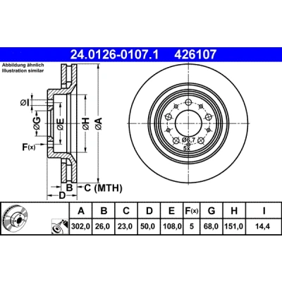 Abbildung von ATE 24.0126 0107.1 Bremsscheibe 302,0 26,0 5 108,0 Belüftet beschichtet hochgekohlt VOLVO: C70 I Cabrio, V70 I, Coupe
