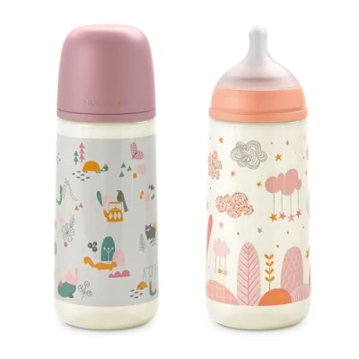 Abbildung von Suavinex, 2er Pack, Babyflaschen 360 ml mit physiologischem Sauger SX Pro aus Silikon, Anti Colic Ventil, schnellem Nahrungsfluss (L), für Babys +6 Monate, Dreams Pink