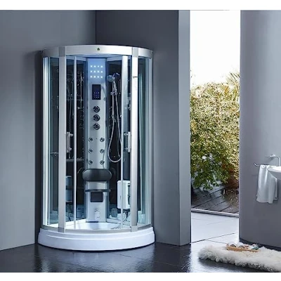 Abbildung von Dampfdusche 90x90 cm für 2 Personen mit Tropenbrause LED Radio Massagefunktion Sitzfläche Regenfalld