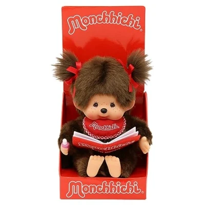 Abbildung von Monchhichi Plüschfigur Mädchen mit Buch 20 cm Puppe Original rotes Lätzchen