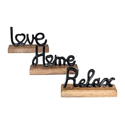 Abbildung von levandeo 3er Set Schriftzug Love Home Relax Schwarz Mango Holz Metall Aufsteller Deko Buchstaben Tischdeko