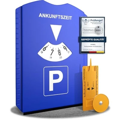 Abbildung von ROBBX® Parkscheibe mit Eiskratzer für Auto und Motorrad Parkuhr inkl. Reifenprofilmesser Einkaufswagenchip Parkscheiben Parking Disc