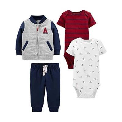 Abbildung von Simple Joys by Carter&#039;s Baby Jungen 4 Piece Jacket, Pant, and Bodysuit Layette Set, Grau/Marineblau/Rot Streifen/Weiß Sport, 0 Monate