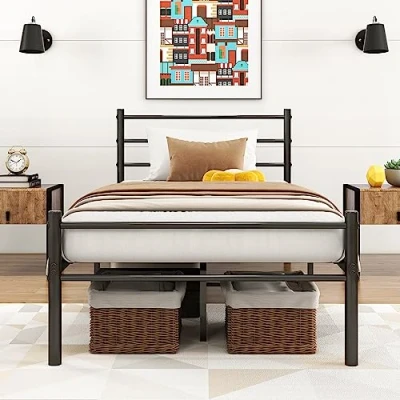 Abbildung von VERFARM Metallbett mit Lattenrost Bettrahmen Kopfteil Einzelbett Gästebett Einzelbettgestell 90 x 200 cm, Schwarz