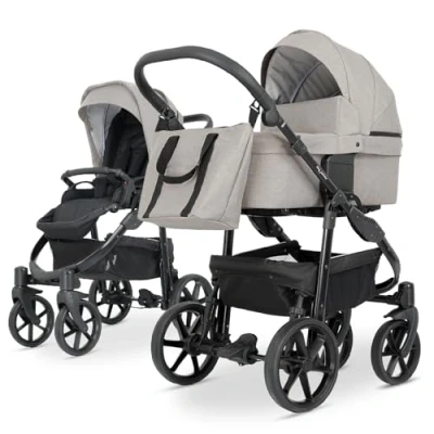 Abbildung von my junior® MIYO² 2in1 Kinderwagen verstellbare Allrad Federung Integrierte Reflektoren 360 unplattbare Luftkammerreifen Babywanne klappbar, ventiliert, Wippfunktion Nature Beige