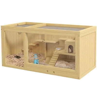 Abbildung von PawHut Kleintierkäfig Hamsterkäfig aus Holz, 100 cm Kleintierstall, mit Schaukeln, Leitern, zu öffnendes Dach, Hütte, Natur